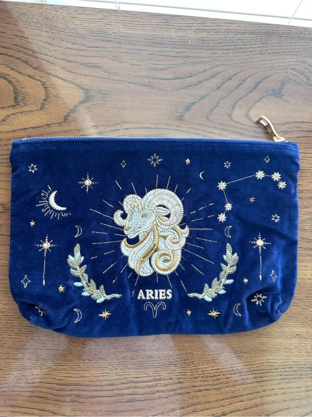 Aries Embroidered Velvet Cosmetic Pouch - Navy and Gold NWOT